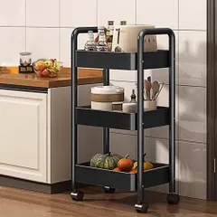 キッチンワゴン キャスター付き キッチンラック【オール合金構造 】 スリム ワゴン 小物隙間収納 ペットボトルラック 冷蔵庫横 洗面所 収納 隙間ラック 3段 4段 スリムワゴン 細い棚 調味料棚 防錆 (三層ラック) 0のサムネイル