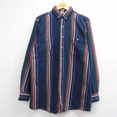 L/古着 オシュコシュ 長袖 ヘビー フランネル シャツ メンズ 80年代 80s ロング丈 ボタンダウン ネイビー ストライプ 26jun25のサムネイル