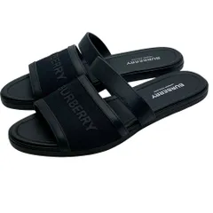 BURBERRY バーバリー ダブルストラップ ロゴ サンダル フラットサンダル 80426321 キャンバス レザー ブラック (サイズ36 1/2 約23.5cm) エレガント 洗練 上質 デイリー 定番 実用的のサムネイル