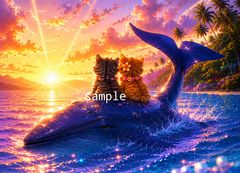 夕焼けの虹とイルカに乗る子猫カップル｜癒しのヒーリングアート