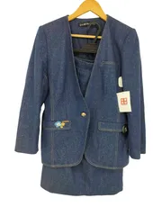 レオナール LEONARD シルク100 デニム ロゴ刺繍 ノーカラージャケット スカートセットアップ レディース  11arのサムネイル