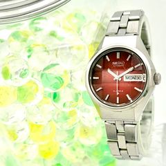 [가동] SEIKO 세이코 기계식 자동 감기 여성 시계 컷 유리 데이데이토 실버 레드 2706-0250 415229 순정 벨트