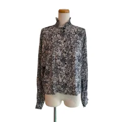 ロシャス ROCHAS シャツ ブラウス 長袖 シルク 総柄 レースプリント スタンドカラー フリル 9 紺 ネイビー 白 ホワイト /MZ ■ECF005のサムネイル