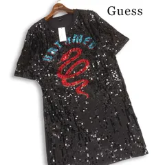 【新品 未使用】 Guess ゲス 春夏 スパンコール♪ ヘビ柄 半袖 カットソー ワンピース Sz.S レディース 黒のサムネイル