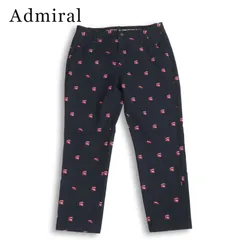 【美品】Admiral GOLF アドミラル ゴルフ 通年★ ストレッチ 2階建てバス総柄 アンクル丈 パンツ Sz.M レディース 紺のサムネイル