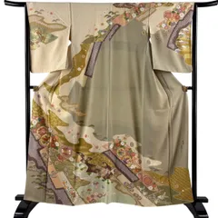 訪問着 身丈161cm 裄丈64cm M 袷 松井青々 落款 草花 霞 金糸 金銀彩 ベージュ 正絹 逸品 【中古】のサムネイル