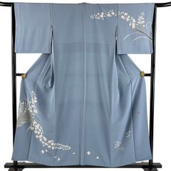 ◇2890◇夏着物 正絹絽 訪問着 勿忘草色 四季花 和装着物 身丈；160