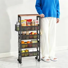 『数量限定』 間隔調節可能 キッチンカート 収納ラック キャスター付き 13cm 天板付き ハンドル付き 収納ケース付き 穴板付き 隙間収納 フック×4 ローリングカート キッチンカート スキマラック スリム 落下防止 工具付き 移動式 洗面所 キッチンワゴンのサムネイル
