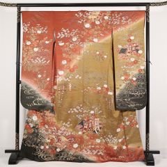 607z43〇振袖 金彩 地紙文 牡丹 桜 松 朱色 茶色〇成人式 結婚式 