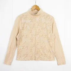 クリッツィア KRIZIA ビーバイクリツィア B.by KRIZIA カットソー Tシャツ 長袖 ハイネック ストレッチ 綿 M ライトベージュ ロゴ 総柄 kz15356のサムネイル
