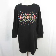 ニコルクラブ NICOLE CLUB 179/WG スウェット ワンピース 長袖 膝丈 綿 FREE ブラック 刺繍 花柄 kz15576のサムネイル