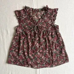 00s　archive 　アーカイブ古着　小花　マルチフラワーモチーフ　総柄　シアー　シースルー　シフォン生地　フリルベスト　ノースリーブカットソー　ビスチェ　Vネック　胸元リボン紐　M　Y2K　平成レトロ　multi flower chiffon vestのサムネイル
