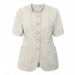 66d27 Christian Dior クリスチャンディオール ノーカラージャケット 花柄モチーフ サイズ9 ホワイト ライトベージュ レディース 女性用u02tのサムネイル