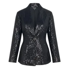 Eg10 【美品】 GIORGIO ARMANI ジョルジオアルマーニ スパンコール ノーカラージャケット サイズ44 ブラック レディースk02iのサムネイル