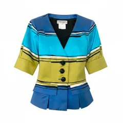 66d27 YVES SAINT LAURENT イヴサンローラン ノーカラージャケット コットンジャケット ボーダー フランス製 サイズ34 マルチカラー 綿100％ レディース 女性用u02tのサムネイル