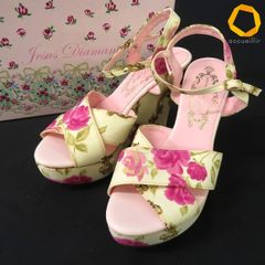 #ss Jesus Diamante JESUS ​​DIAMANTE Sandals, Size S, Beige/Pink Floral Print, Platform Heel, Wedge Sole, with Box, Women's [1019703] k01