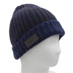美品▲LOUIS VUITTON ルイヴィトン MP1368 カシミヤ100％ レザーロゴパッチ付 ニット帽 ニットキャップ ネイビー ブラウン 英国製 メンズのサムネイル