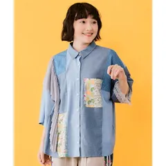 【新品】 スカラー ScoLar 162644 異素材切替ダンガリーシャツデニム 水玉 チュール 総柄 パッチワーク風シャツ ダンガリーシャツ アシンメトリー ゆったり オーバーサイズ 羽織りおしゃれ レディー カラー1 [SCO-97]のサムネイル