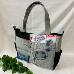 ◇トロピカルフラミンゴ×デニム◇サイドポケット付き トートバッグ