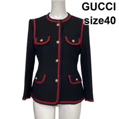 ●◆ グッチ GUCCI ノーカラージャケット 長袖 ウェブストライプ GGパール調ボタン 黒 シルク ウール 40 L 11号 レディース S6H562のサムネイル