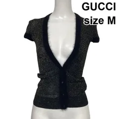 ●◆ グッチ GUCCI Vネックカーディガン ニット 半袖 ラメ 異素材トリミング タイト 黒 ブラック ゴールド色 M 9号 レディース S6H559のサムネイル