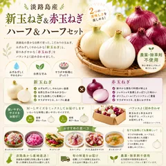 農薬、除草剤不使用！【数量限定】淡路島新玉ねぎ1g 紫玉ねぎ1kg 計2kg ハーフ＆ハーフ「みずみすしさの新」と「彩りの赤」を食べ比べ。のサムネイル