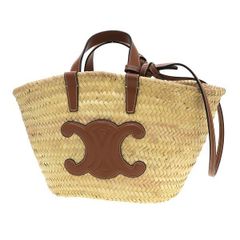 美品 CELINE 22SS スモール パニエ ラウンド ラフィア&カーフスキン