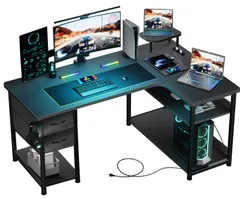GTPLAYER ゲーミングデスク パソコンデスク L字 カーボン調 コンセント付き 引き出し ラック付き モニターアーム対応 棚高さ調節可能 ゲームデスク 小型モニター台 配線穴 右棚 DL004 Black 幅120cm ジーティーレーシ 274e9139のサムネイル