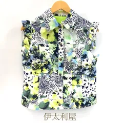 美品 伊太利屋 イタリヤ 総柄 ベスト ノースリーブ ジャケット ラメ リボン 11号 M グリーン系 花柄 レディース _201のサムネイル