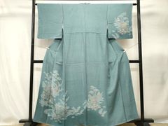 A 単衣 やまと誂製 作家物 ポピーの花 薄青色 紬 正絹 付下げ 着物 52