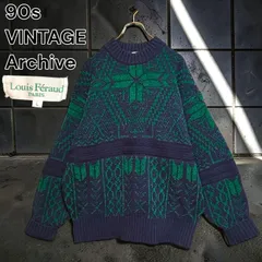 90s Louis Feraud VINTAGE Archive Wool ルイフェロー 雪の結晶 スノーフレーク 幾何学模様 総柄 ニット セーター ウール ネイビー グリーン 紺 緑 モックーネック リブ レトロ ビンテージ 古着 Lサイズ相当のサムネイル