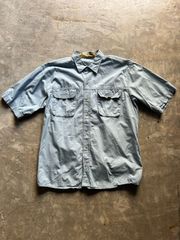 Eddie Bauer 山ロゴ刺繍 フィッシングシャツ 半袖シャツ L ライトブルー エディーバウアー