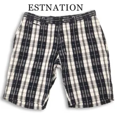 ESTNATION エストネーション 春夏★ シアサッカー チェック柄 ハーフ ショート パンツ 大きいサイズ Sz.XL メンズ ネイビーのサムネイル