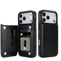 KASELIN iPhone17 Pro対応 手帳型ケース ICカード収納 高級PUレザー スマホケース スタンド機能 マグネット式 耐衝撃 全面保護 指紋防止 落下防止 ストラップ付き（ブラック）のサムネイル