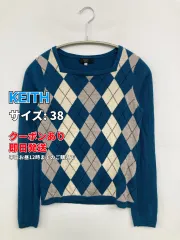 KEITH キース ニット/セーター 38 ブルー ウール・ニット チェック柄 ショート丈 長袖 スクエアネック レディースのサムネイル