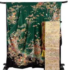 【美品】 振袖 身丈165.5cm 裄丈68cm L 袷 袋帯フルセット 鈴乃屋 几帳 花鳥 金彩 染め分け 緑 正絹 秀品 【中古】のサムネイル