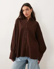 エイソス レディース トップス シャツ リネン ASOS DESIGN linen look shirt in chocolate チョコレートのサムネイル