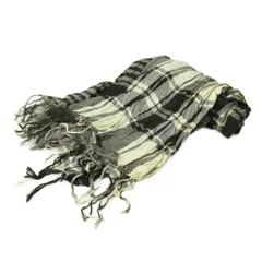 イッセイミヤケ ISSEY MIYAKE プリーツ ストール チェック柄 フリンジ シルク ウール コットン 黒 白 ブラック ホワイト 0303 IBO92のサムネイル