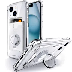 Rockaway 互換性 iPhone 15用 ケース iPhone 15 ケース カード収納 背面ポケット リング付き スタンド機能 耐衝撃 透明 TPU スマホケース 6.1インチ アイフォン 15 用カバー - クリアのサムネイル