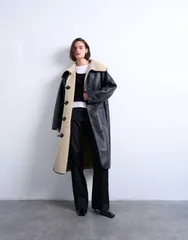 トップショップ レディース アウター コート Topshop oversized longline coat and cream Black cream クリームのサムネイル
