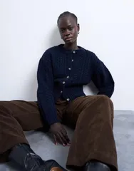 トップショップ レディース アウター カーディガン ニット Topshop knit cable fitted waist cardigan Navy ネイビーのサムネイル