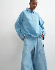 トップショップ レディース アウター ジャケット・ブルゾン ハーフジップ デニム Topshop denim collared quarter zip blouson jacket in mid Blのサムネイル