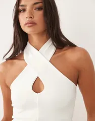 エイソス レディース トップス シャツ コットン ホルター ASOS DESIGN compact cotton twist halterneck top in cream クリームのサムネイル