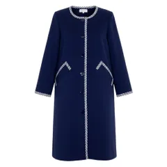Eg11 YVES SAINT LAURENT イヴサンローラン ノーカラー ニットコート ストライプ柄 サイズL ネイビー レディースo07tのサムネイル