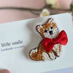 A016】ビーズ刺繍 犬 柴犬 ブローチ 2way ハンドメイド うちのわんこ