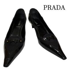 【純正リフト新品交換済】 PRADA NERO プラダ ポインテッドトゥ リボン ブラックパテントレザー× テキスタイルパンプス 1P4714 黒 37.5 (日本サイズ:約24.5cm前後)のサムネイル
