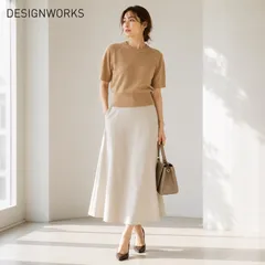 【新品同様の美しさ】DESIGNWORKS /デザインワークス38 「M～細身Lサイズ」キャメル ウールカシミヤショートスリーブニット 高伸縮設計 上品 美シルエット 大人カジュアル 通年 エレガント 人気商品 高級感 レディース 半袖ニット ベーシックのサムネイル
