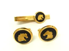 ■美品■ WEDGWOOD ウェッジウッド ジャスパー ネクタイピン カフスボタン カフリンクス 2点セット ゴールド系×ブラック系 DP0629のサムネイル