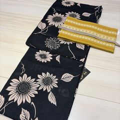 新品☆綿麻！粋モダン！大人上品な墨黒 向日葵 スレンダー夏着物 浴衣