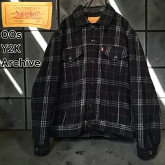 00s LEVIS Y2K Archive Plaid Jacket リーバイス ウール チェック トラッカー ジャケット 3rd サード ブルゾン ジージャン ネルシャツ ワーク グランジ テック アウター ブラック レッド 秋冬 防寒 Lサイズ相当のサムネイル